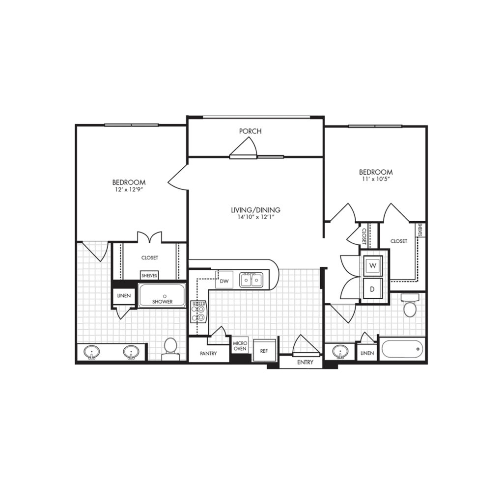 The Landon at Lake Highlands layout for "Milano - Two Bedroom with Bonus Room" with 984 square feet.