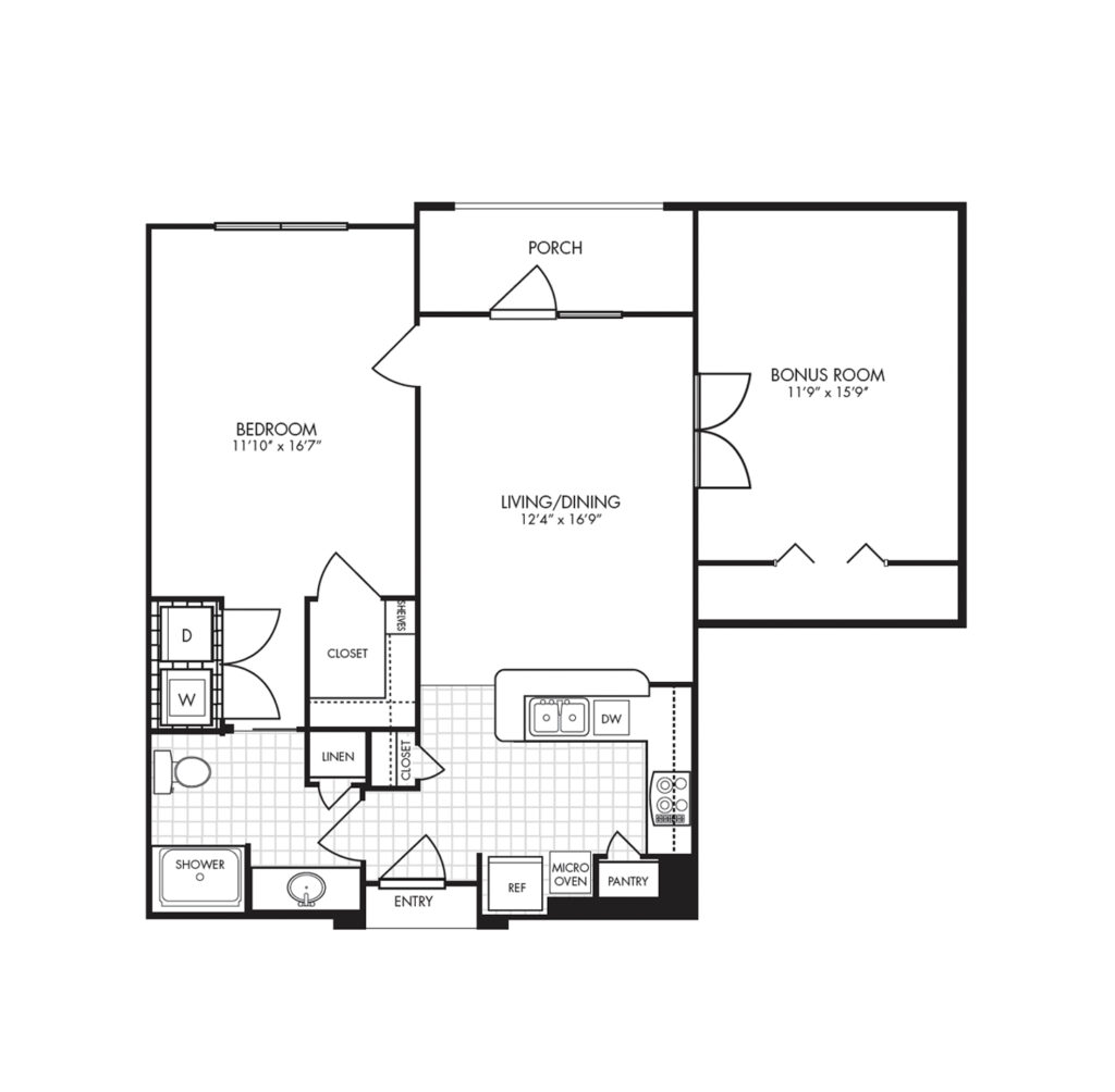 The Landon at Lake Highlands layout for "Veneto - One Bedroom with Bonus Room" with 975 square feet.