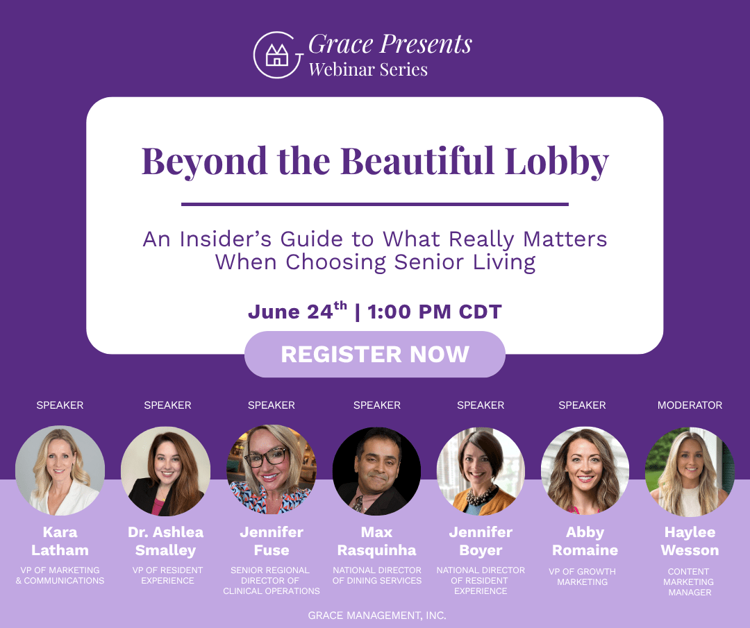 Promotional poster for Grace Presents Webinar Series: Beyond the Beautiful Lobby, June 24, 1:00 PM CDT, with speakers Kara Latham, Dr. Ashlea Smalley, Jennifer Fuse, Max Rasquinha, Jennifer Bover, Abby Romaine, Haylee Wesson; REGISTER NOW button.